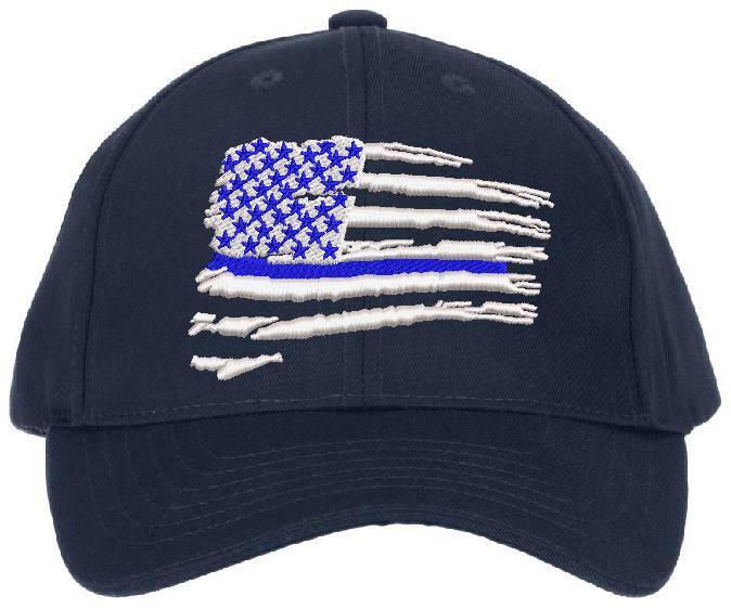 Thin Blue Line Wavy Flag Embroidered Flex Fit or Adjustable Hat - Free Shipping