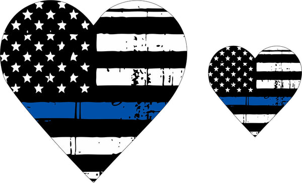 Tattered Police Wife / Police Girlfriend Blue Line Heart Flag Decals 4" and 2"
