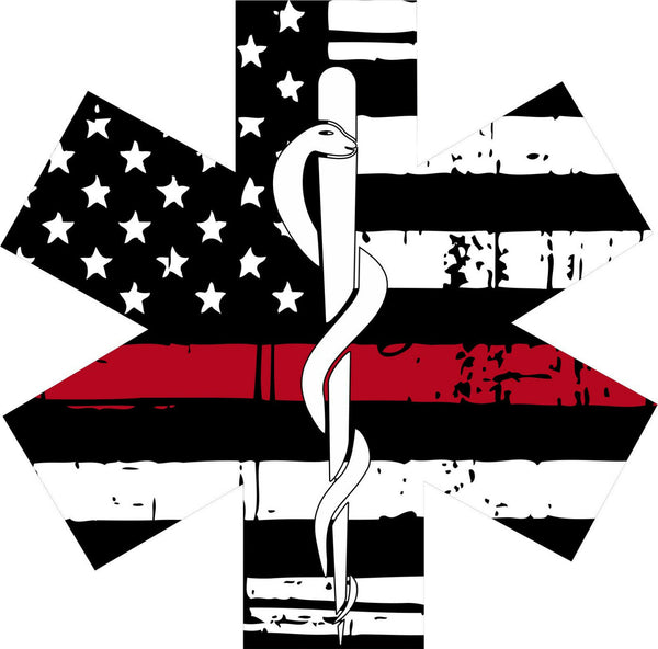 Thin Red Line Decal - Tattered Flag EMS Star Rescue Window Decal - Various Sizes