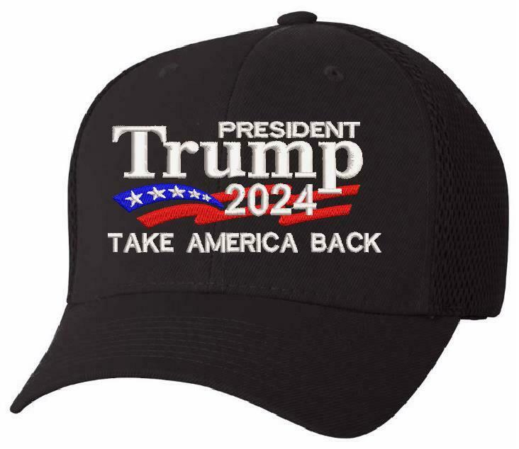 Trump 2024 Hat - Take America Back 6533 Flex Fit Mesh Hat with back USA Flag