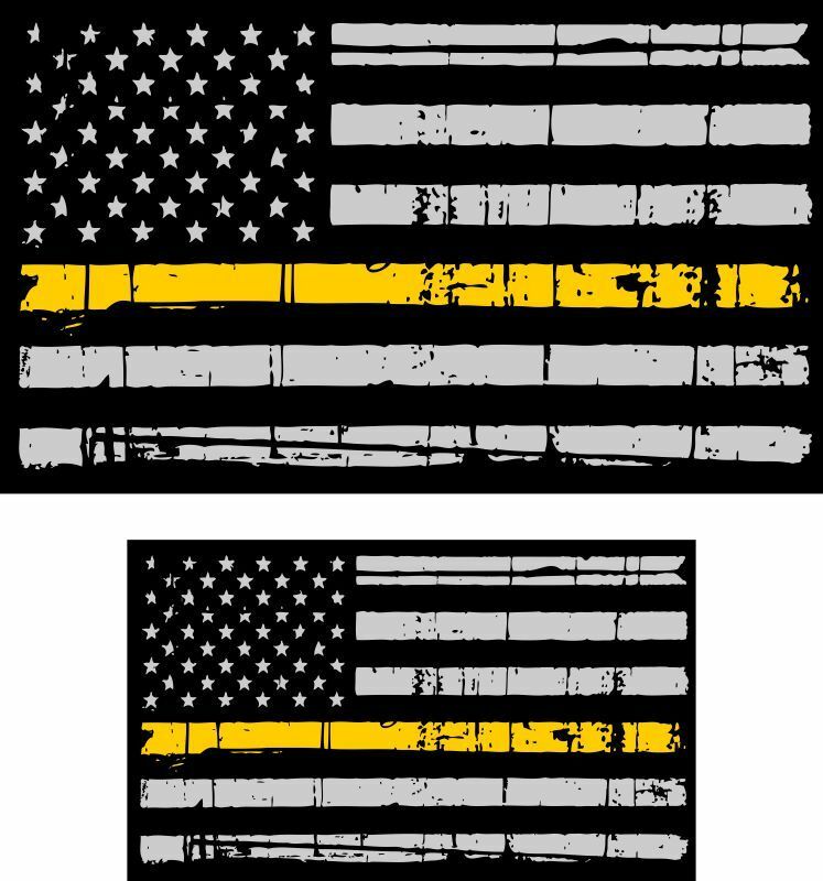 Tattered Police & Fire Thin YELLOW Line reflective American Flag Decal x 2