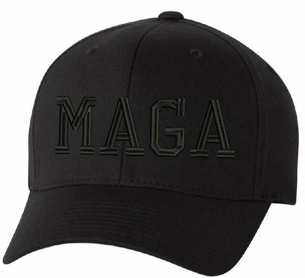 Make America Great Again MAGA Flex fit or Adjustable Blackout Hat with side Flag