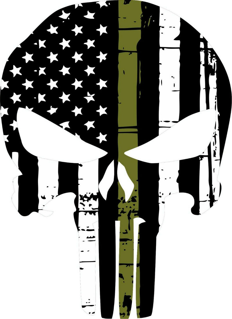 Punisher Skull American Flag Olive Drab Military Sticker Graphic - Many Sizes