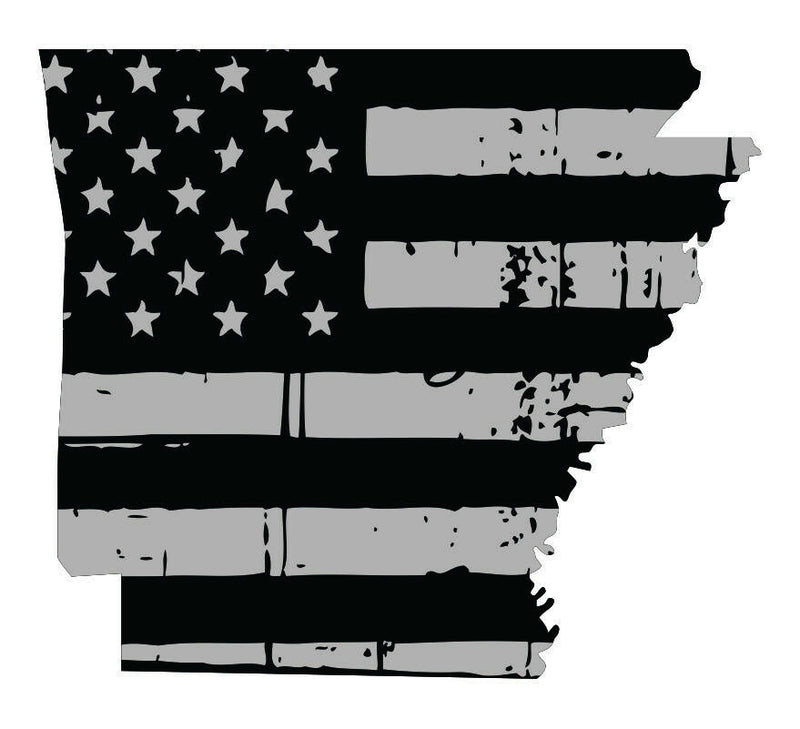 Tattered USA Flag Black/Gray window decal - State of Arkansas various sizes