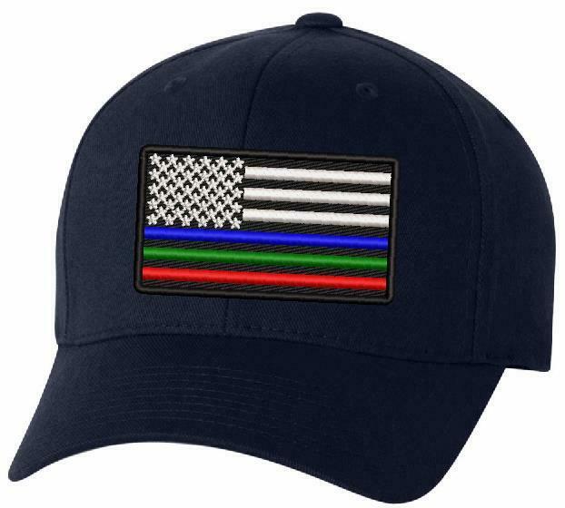 USA Flag Embroidered Flex Fit Hat Police Fire Public Safety Green Red Blue Line