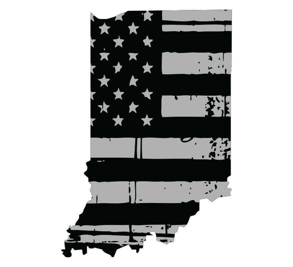 Tattered USA Flag Black/Gray window decal - State of Indiana various sizes