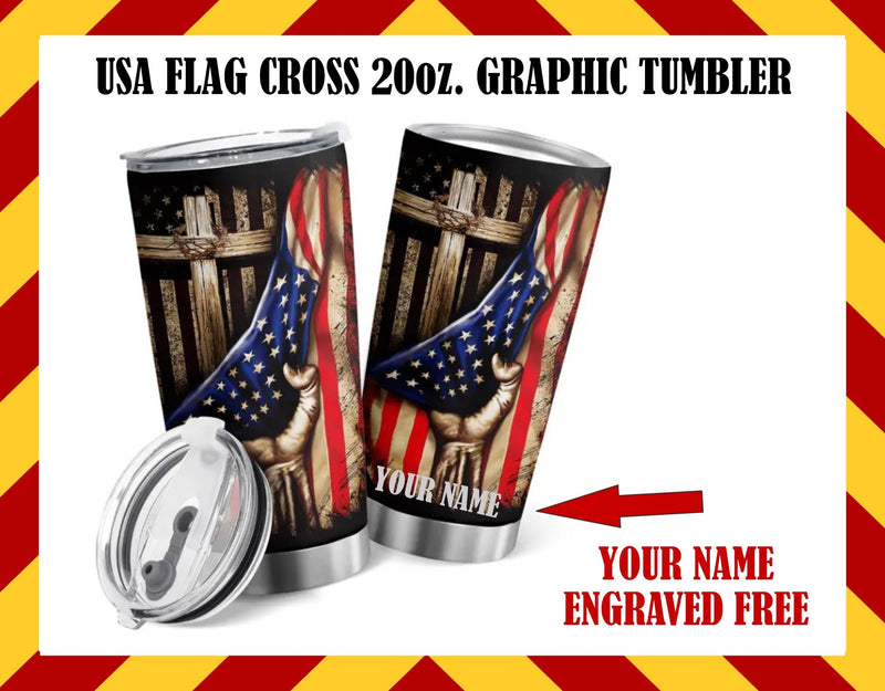 USA Flag and Cross Graphic 20oz Tumbler with NAME